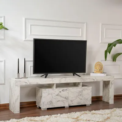 Image de Andarna - Meuble TV, 180x31x50h cm Blanc Marbre, 2 Étagères