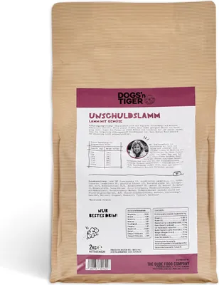 A bag of dog food with product information and branding.