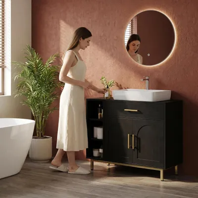 Produktbild von Waschbeckenschrank, Badezimmerschrank, Unterschrank | 1 Schublade 2 Schranktüren, Offenes Fach mit 3 Ebenen, Verstellbare Ablage, 30 x 80 x 64cm