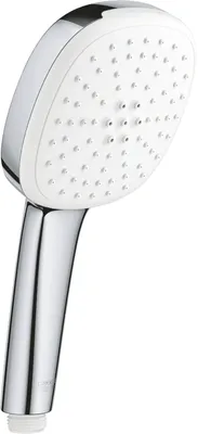 A close-up studio shot of a hand-held shower head.