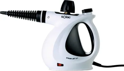 A white and black steam cleaner is shown against a white background.