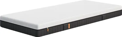 A white and black mattress with orange accents, shown from a diagonal angle on a white background.