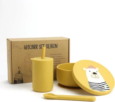 Produktbild von Kindergeschirr Silikon-Set für Kinder, Geschirr, Kindergeschirr, Schüssel mit rutschfestem Saugnapf, Deckel und Löffel, Trinkbecher mit Deckel u