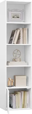 A tall, narrow white bookshelf with several shelves filled with decorative items and books.