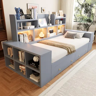 Productafbeelding van MODFU Uittrekbare slaapbank 90/180 x 200 met twee matrassen, dagbed met opbergruimte, multifunctioneel bed met LED-verlichting, jeugdbed met lades, grijs