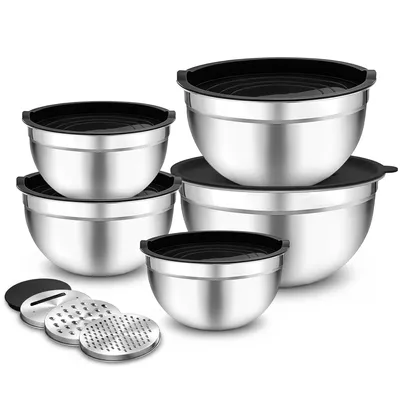 Produktbild von Rührschüssel 5er Set, Edelstahl Salatschüssel Set mit luftdichten deckel, 3 Reibenaufsätzen stapelbar 0.5L, 1L, 1.5L, 2L, 4L,für Mischen und Servieren