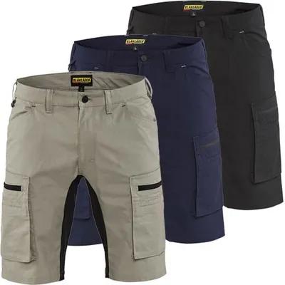 Three pairs of work shorts in different colors are displayed side-by-side against a white background.
