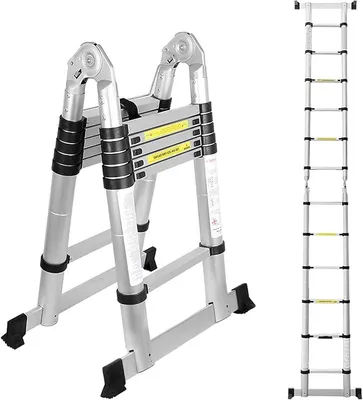 Imagen del producto de Silecomplaza Escalera telescópica de 3,8 metros, escalera plegable de aluminio, escalera multiusos, escalera telescópica extensible, escalera plegable, escalones antideslizantes, escalera multifuncional, escalera de pie, capacidad de carga de 150 kg, color plateado