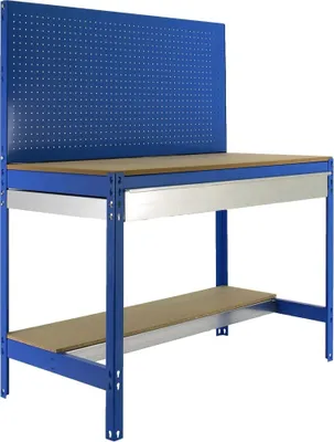 Produktbild von PROREGAL Werkbank BUFFALO mit Werkzeugwand und Schubfach | HxBxT 84x120x61cm | Traglast 600kg | Blau