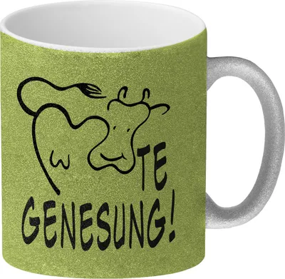 Produktbild von KUHte Genesung Glitzer-Kaffeebecher mit Kuh Motiv in grün