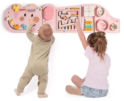 Zdjęcie produktu dla ROBUD, tablica sensoryczna Montessori, drewniana, 11 w 1, różowa