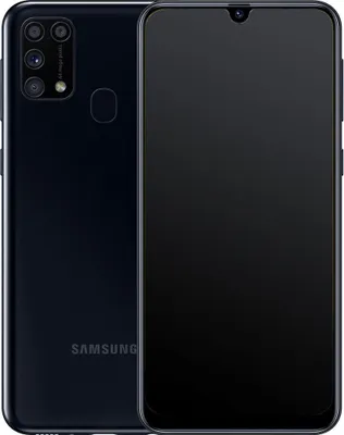A black Samsung Galaxy M31 smartphone is shown from the back and front.