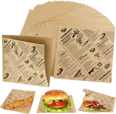 Zdjęcie produktu dla Papier do hamburgerów, grubszy, 200 sztuk, 15x15 cm, idealny do pakowania przekąsek i kanapek
