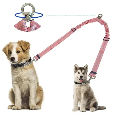 Immagine prodotto di Guinzaglio doppio per 2 cani, girevole a 360°, riflettente, in nylon, grande, color rosa