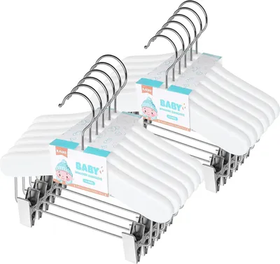 Obrázok produktu pre Drevené vešiaky na oblečenie s klipmi pre bábätká - sada 12 ks - posuvné klipy - 25 cm - biela