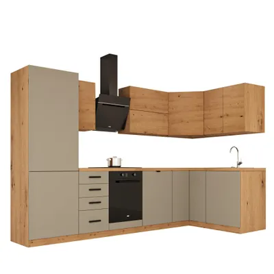 Produktbild von Winkelküche 300 x 140 cm Einbauküche Komplettküche Ohne Arbeitsplatte L-Küche Küchenblock, Langen KL6-M300, Beige/Artisan Eiche