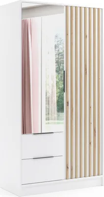 Produktbild von ALTDECOR Kleiderschrank NERA mit Spiegel und selbstschließenden Flügeltüren mit Lamel - 100 cm Weiß / Weiß / Artisan