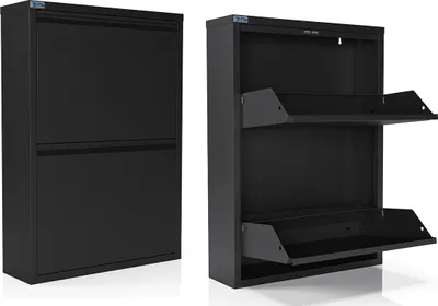 A black metal shoe cabinet shown from two angles: closed and open.