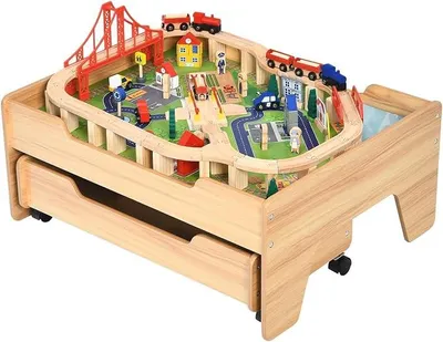 Imagen del producto de Mesa de juego de madera, juego de tren de 100 piezas, tren de madera con raíles, tablero reversible y desmontable, gran cajón de almacenamiento, juguete para niños a partir de 3 años (100 piezas)