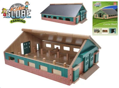 A collage of images showing a toy farm shed, its interior, and packaging.