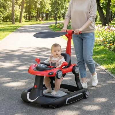 Productafbeelding van 6-in-1 loopwagen met parasol, licht, muziek, speelcentrum en dienblad, in hoogte en snelheid verstelbaar, rood, 7-18 maanden