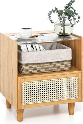 Produktbild von COSTWAY Nachttisch Bambus, Beistelltisch mit Schublade, Glastischplatte, Nachtschrank 43x35x50cm