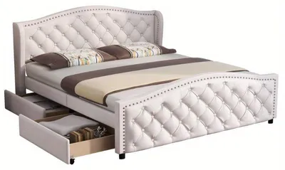Immagine prodotto di Letto imbottito 160x200 cm - Bianco, rivestito in ecopelle - Con due cassetti contenitori - Testiera imbottita