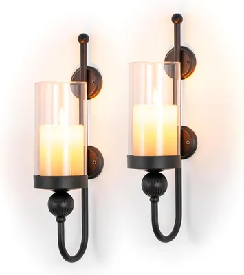 Produktbild von Schwarze Wandkerzenhalter: Metallische Wandleuchten für Stumpenkerzen, Set aus 2 mit Orangegläsern