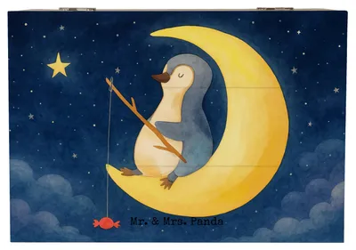 Produktbild von Mr. & Mrs. Panda Holzkiste Pinguin Mond Design 22 x 15 cm - Weiß - Geschenk, fotobox, Box, Truhe, Geschenkbox, Angel, Erschöpft, mit Deckel, Süßigkeiten, schlafen