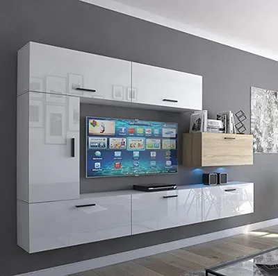 Produktbild von Furnitech Wohnwand Wohnzimmer | Hängend Wohnwand Modern | Wohnzimmer Schrankwand mit Regale und TV Schrank | Wohnzimmer Möbel ohne LED (Future C10_HGM_WS_14 1A)