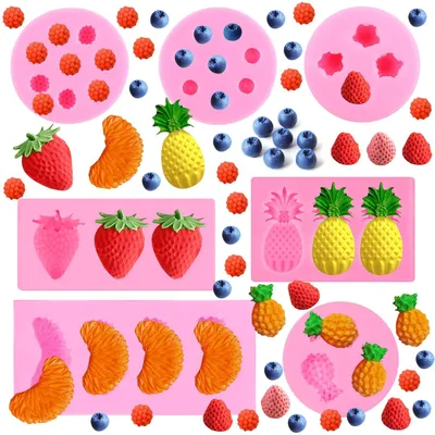 Produktbild von Silikonformen in Fruchtformen für Fondant, Kerzen, Snacks, Pralinen, Gummibärchen, Gelee, Kerzenaufsätze und Dekorationen (Orange, Erdbeere, Ananas, Maulbeere, Blaubeere)