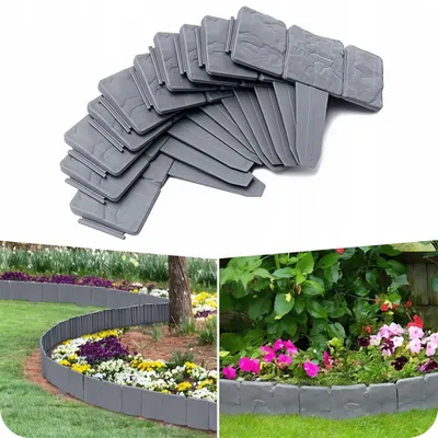 A collage showing a stack of gray plastic garden edging pieces and two lifestyle shots of the edging installed in gardens.