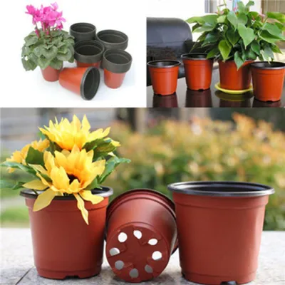 A collage of images showing various sizes of terracotta-colored plastic plant pots, some with plants and flowers.