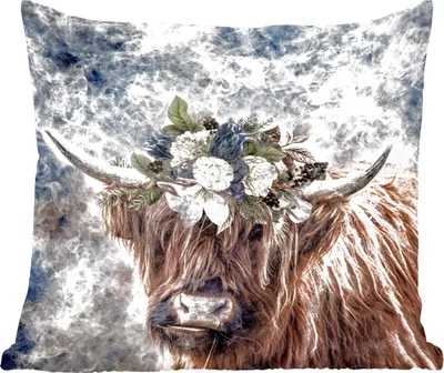 Produktbild von MuchoWow® Zierkissen Sofakissen Wohnzimmer Dekokissen 50x50 cm Schottisches Hochlandrind - Tiere - Blumen - Komfort - Sofakissen
