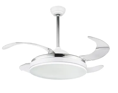 Produktbild von Globo Lighting Ventilator Metall weiß, verchromt, Acryl opal, Acryl klar, Farben fixierbar, Memoryfunktion, Fernbedienung, Batterie inkludiert 2x AAA,, max. Motorleistung 60W, optimale Raumnutzung 20m², Abkühlung, Geschwindigkeitsstufen 180/215/240 RPM, ø: 1000mm, H: 625mm, inkl. LED 36W 230V, 3600lm Source, 2180lm Output, CCT 3000/4000/6000K, zusätzliche Daten: Flügel einklappbar