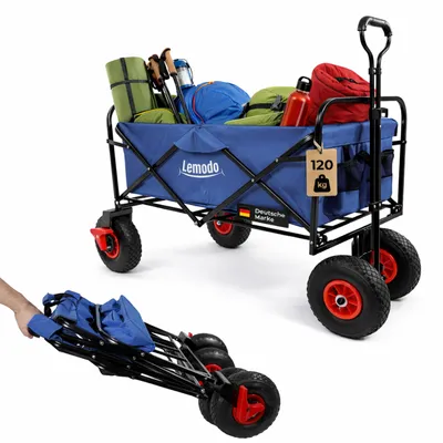 Produktbild von Bollerwagen faltbar, blau, Handwagen mit 120 kg Zuladung, Leiterwagen mit Luftreifen