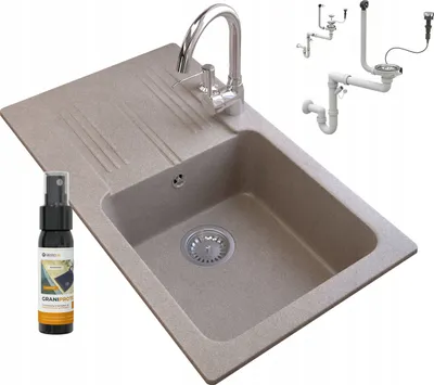 Produktbild von Granitan | Granitspüle - Spülbecken - 77,5x43,5 cm - Beige - Küchenarmatur BETA - mit Abtropfgestell - ADA