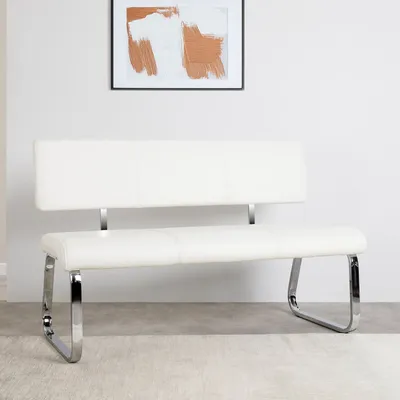 Produktbild von IDIMEX Esszimmerbank, Kunstleder, Metall, weiß, chrom, gepolstert, mit Rückenlehne, belastbar bis 250kg, teilmontiert, 3 Personen, 135x87x56 cm (BxHxT), Sitzhöhe: 48 cm, Sitztiefe: 44 cm