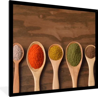 Produktbild von MuchoWow® Gerahmtes Poster Schöpfkelle - Kräuter - Lebensmittel - Gewürze - Tisch 40x40 cm - Poster mit Schwarzem Bilderrahmen Wandposter Rahmen Foto Bilder - Mit Rahmen - Wanddekoration Schlafzimmer
