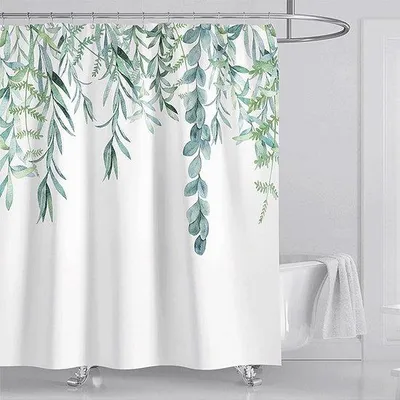 Obrázok produktu pre Uniqoos® sprchový záves, 180 x 200 cm – zelený vzor rastlín, vodeodolný a proti plesniam, umývateľný polyester, vrátane 12 bielych sprchových krúžkov