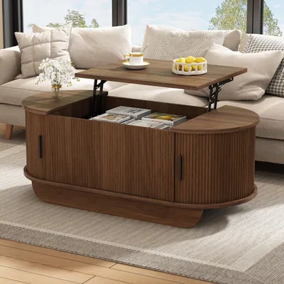 Produktbild von Merax Couchtisch höhenverstellbar mit 2 Rolltüren, ovaler Wohnzimmertisch mit hydraulischer Hebefunktion,Sofatisch mit Stauraum, Nussbaumoptik