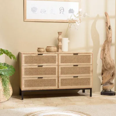 Produktbild von MARCEAU – Kommode aus Holz mit 6 Schubladen, Naturgeflecht und schwarzen Metallbeinen