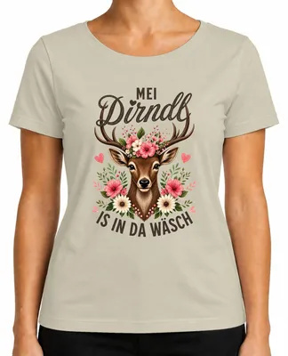 Obrázok produktu pre Tričko s motívom "Mei Dirndl", kolekcia "Wäsch Reh Kitz Blumen", tradičný nemecký štýl, kožené nohavice, dámske, farba: prírodná, veľkosť: S