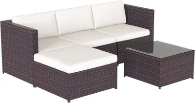 Produktbild von Poly Rattan Lounge-Sofagarnitur, Lounge-Gartenmöbel, Ecksofa, Couchgarnitur mit Sitz- und Rückenkissen, Lounge-Tisch mit Glasplatte, Schwarz
