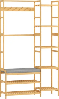 Produktbild von GarderobenständermitSchuhregal,Kleiderhaken,Mantelständer,SitzbankmitKissen,fürFlur,Eingangsbereich,Naturholz