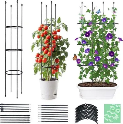 Produktbild von Famanu Metallgartenpfosten Set 160 cm mit 20 Pflanzenclips - für Tomaten, Kletterpflanzen und Rosen