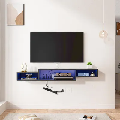 Produktbild von FABATO schwebender TV-Schrank mit LED-Beleuchtung & Steckdosen – Modernes TV-Board mit Ablagefach für Wohnzimmer in Schwarz, 150 cm
