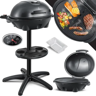 Produktbild von KESSER® elektrischer Elektrogrill 2in1 Tischgrill - Standgrill mit Deckel Standfuß | max. 2400 Watt Thermometer | Antihaftbeschichtung | XXL Grillplatte | integrierte Ablagefläche Elektro-Säulengrill