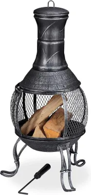 Produktbild von Antike Gartenofen mit Grill und Holzrost - Funkenabschirmung für Garten und Terrasse - 89 cm hoch grau