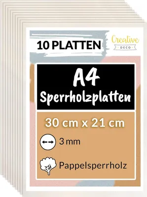 Obrázok produktu pre Creative Deco Preglejkový panel 10 x A4 3 mm topoľová preglejka | 300 x 210  (+/- 2) mm | Tenké odrezky dreva možno rezať laserom | ideálny ako stavebný materiál